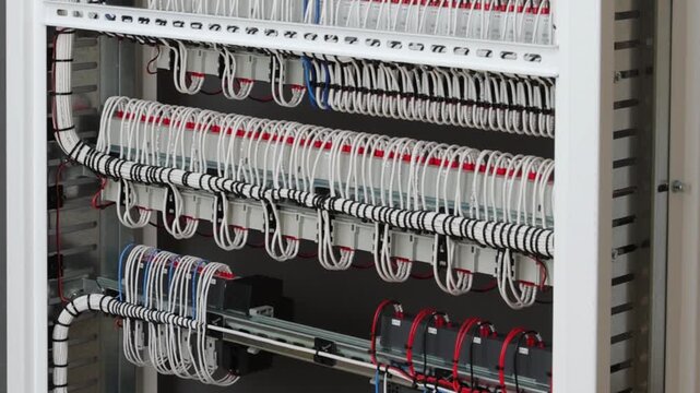 The reverse side of the electrical switchboard. The connected wires are tied with plastic ties.