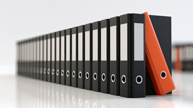 A long row of black document binders, with one vibrant orange binder