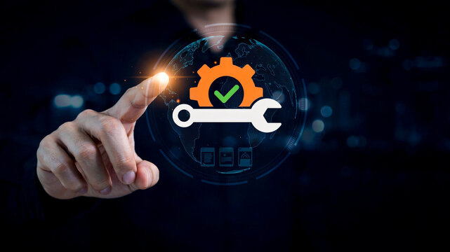 Professional Technician Touching Digital Interface Showing Optimized Maintenance and Gear Configuration Symbols
