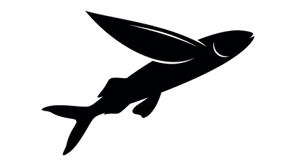Flying Fish Silhouette: A dynamic black silhouette of a flying fish captures the moment of aerial escape, with pectoral fins outstretched like wings and tail fin propelling it through the air. © Ariqa