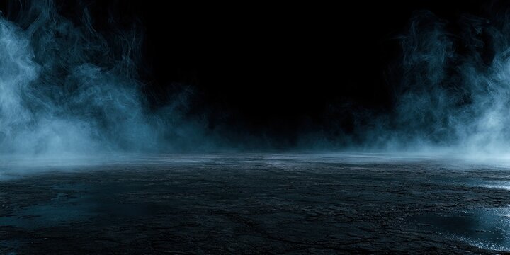 Eerie blue mist swirls above a wet, dark, textured surface, shrouded in deep darkness