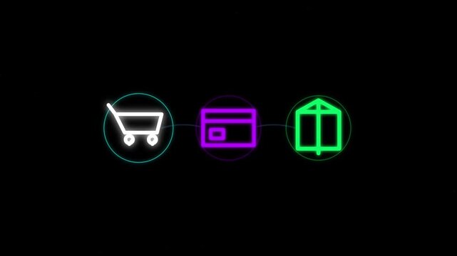 Futuristic Neon E-Commerce Shopping Process Flow Animation with Glowing Shopping Cart, Credit Card Payment, and Delivery Box Icons Motion Graphic Overlay 4k video