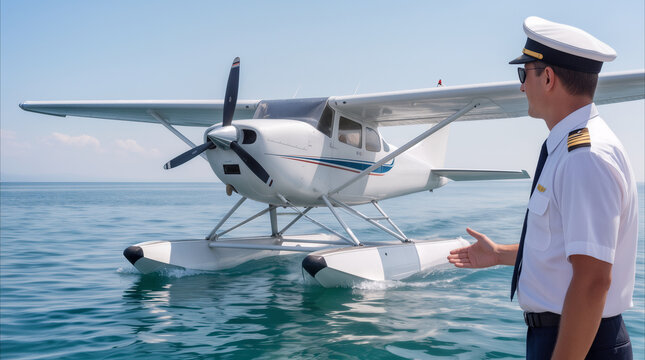 Commercial seaplane pilot gesturing toward small floatplane on calm water. Private air charter service and luxury travel concept.