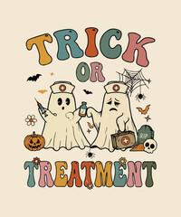 Fototapeta premium Trick or Treatment Nurse Ghost Halloween Vintage Retro T-Shirt Design