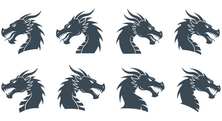 Fototapeta premium Dragon head silhouettes a collection of eight monochrome vector illustrations
