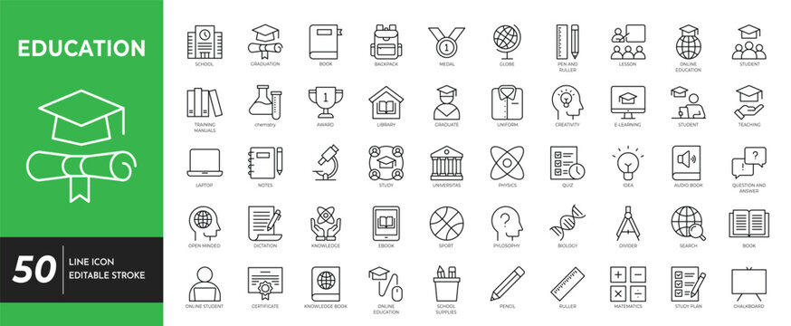 Education icon set editable stroke. Containing education, school, study, learning, student, book, back to school, university, diploma, and more. Vector illustration