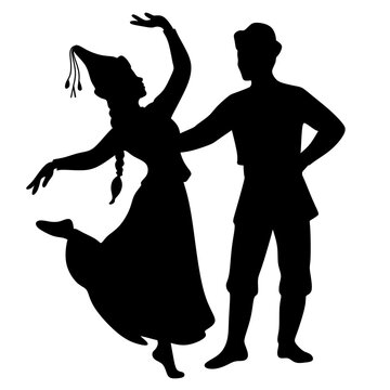Black silhouette of a man and woman performing a traditional folk dance
