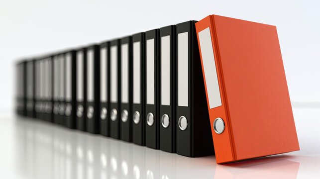 Distinctive orange binder stands out against a long line of black binders
