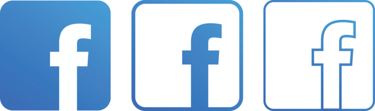 Three variations of the facebook social media featuring the letter f in a rounded square, displayed in blue gradients and white outline
