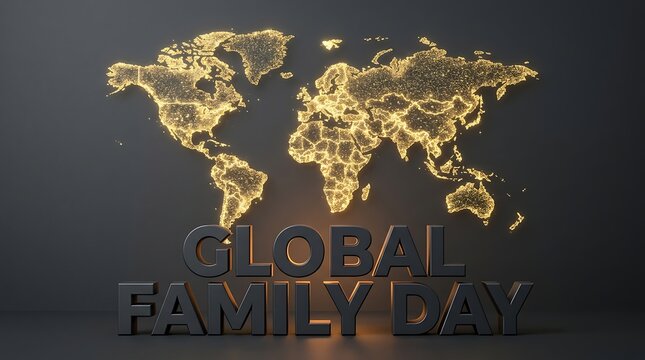 Global Family Day text in 3D black letters with a glowing golden world map background for international unity celebration photo