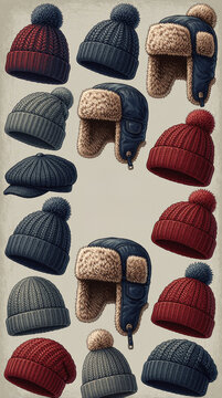 Assorted winter hats including knit beanies, fur-lined ear flap caps. Collection displays various styles, colors for cold weather headwear. Fashionable headgear assortment for diverse winter needs.