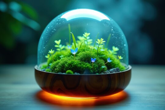 Miniature glowing terrarium with green moss and blue flowers under glass dome