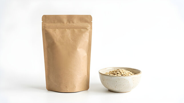 Blank brown paper pouch bag with a bowl of raw oats for food packaging mockup design