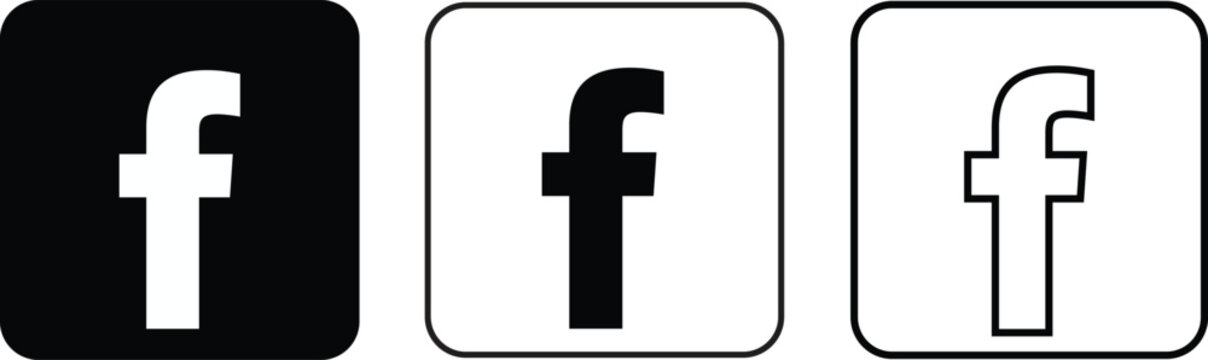 Three variations of the facebook social media featuring the letter f in a rounded square, in solid black, outlined, and inverted styles