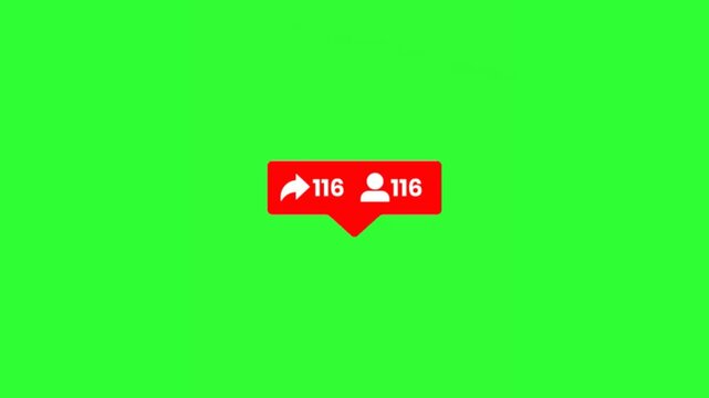 Animated social media sharing notification with a red engagement badge and increasing share and user counters on a bright green chroma key background. Ideal for social media, digital marketing, online