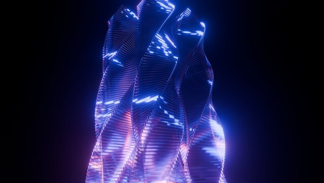 Abstract glowing glass futuristic skyscrapers background with blue and magenta neon light refractions