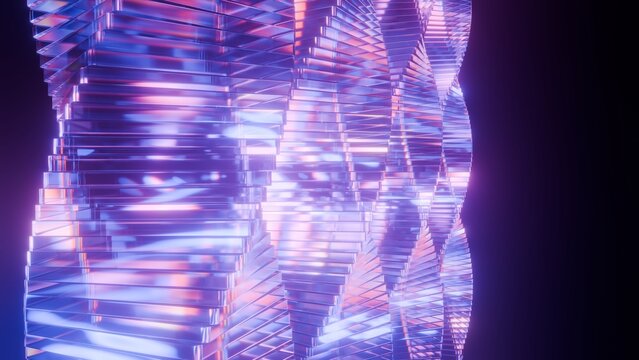 Abstract vertical glass tower background with glowing pink and blue neon light refractions