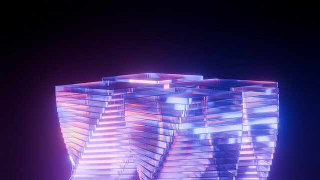 Abstract glass pedestal platform background with neon blue and magenta light refractions