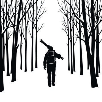 Silhouette of a hunter standing in a dense forest wilderness with a rifle in the woods