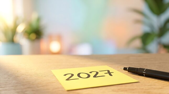 Yellow sticky note with 2027 handwritten text and pen on wooden desk for quick goal strategy