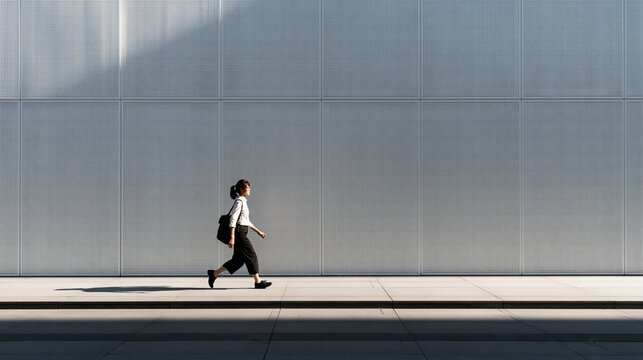 Businesswoman Walking in Front of Modern Architecture Wall