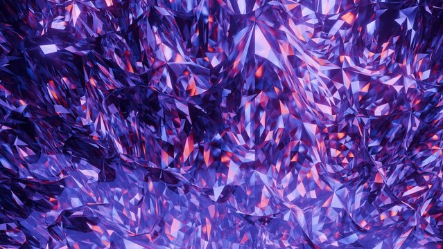 Abstract purple crystal background with sharp low poly facets and glowing light reflections