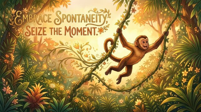 A happy monkey swings through a lush jungle on vines, with the inspirational quote 'Embrace Spontaneity, Seize the Moment' in decorative lettering.