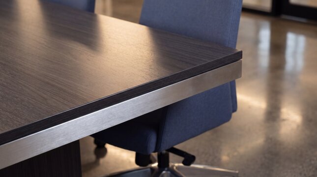 Modern corporate boardroom wooden conference table edge detail with brushed metal trim blue swivel chair and polished concrete floor background close-up shot for luxury office interior design