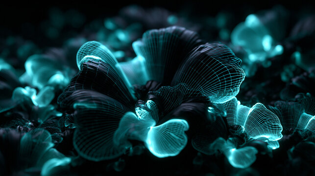 Digital Wireframe Glowing Flora in Cyberpunk Futuristic Style