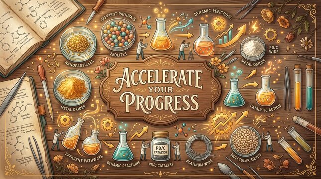 Accelerate Your Progress: A Chemistry Concept Collage with Scientific Elements, Beakers, and Formulas on a Wooden Table