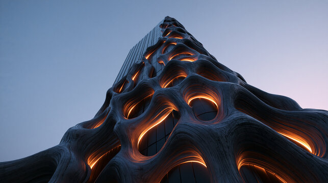 Futuristic Skyscraper with Organic Parametric Facade at Twilight