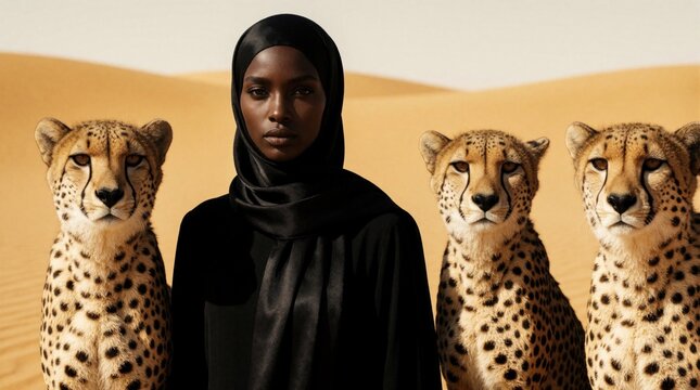 Black clad woman stands in desert with two cheetahs beside her. Elegant lady wearing hijab poses with wild cats in sandy landscape. Fashion portrait exotic savanna safari wildlife.