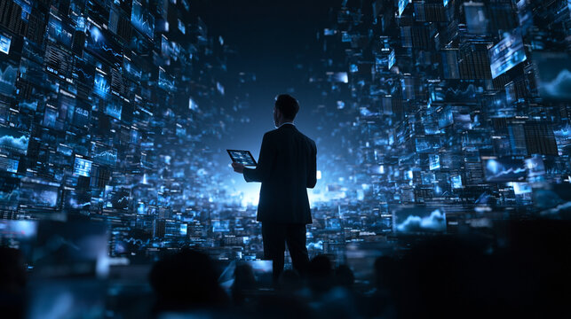 Businessman Analyzing Big Data on Futuristic Digital Screen Wall