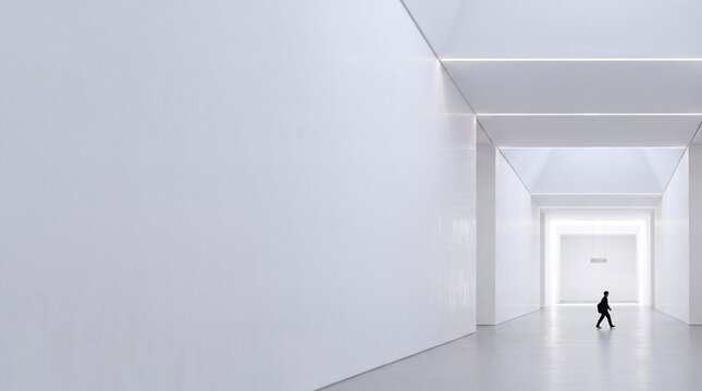 Modern Minimalist White Interior with Person Walking