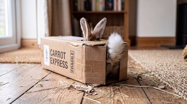 Cute Bunny Hiding in Cardboard Delivery Box at Home
