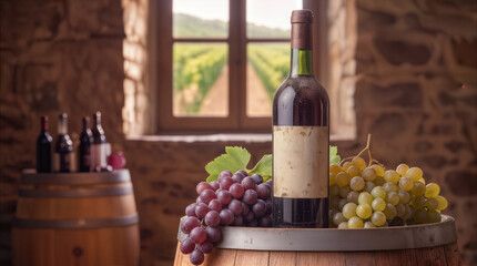Naklejka premium Red wine bottle with blank label on wooden barrel. Bunches of purple and white grapes in rustic cellar overlooking vineyard.