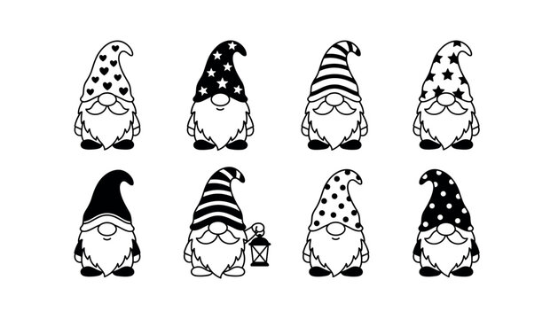 Cute black and white christmas gnomes vector set silhouette outline icons with pattern hats and lantern illustration collection