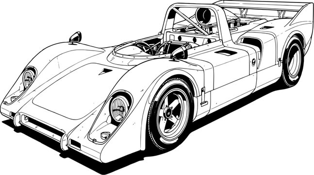 Vintage racing car illustration showing front view outline design with cockpit and racing wheel