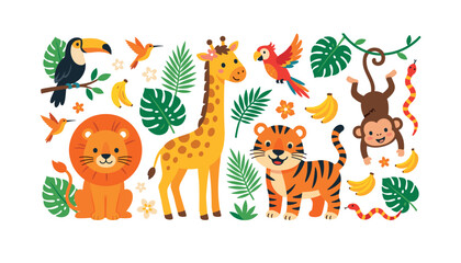 Naklejka premium Cute safari jungle animals collection vector with lion giraffe tiger monkey toucan parrot and tropical leaves illustration set