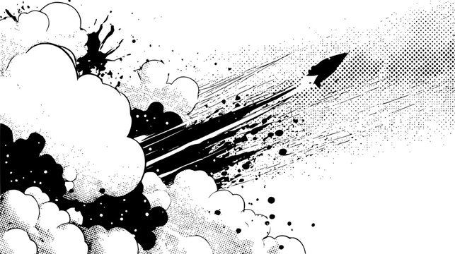Comic explosion with halftone and speed lines. Explosive black ink splatter comic blast background with dynamic radial speed lines