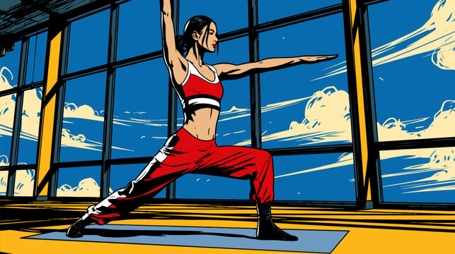 Young woman practicing warrior yoga pose in a bright gym with large panoramic windows