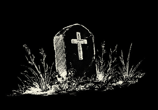 Lonely gravestone with cross surrounded by overgrown grass in dark dotwork cemetery illustration
