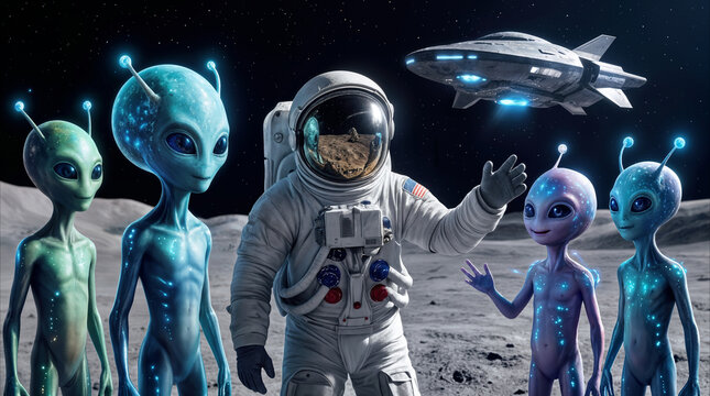 Extraterrestrial beings greeting astronaut on lunar surface. First contact concept with humanoid aliens and spacecraft in deep space.