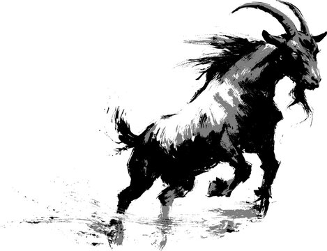 Dynamic black ink painting of a wild goat, symbol of 2027 year in Chinese lunar calendar, leaping forward with energy