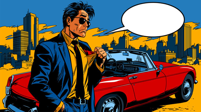 Retro comic illustration of worried man checking empty pockets beside red classic car
