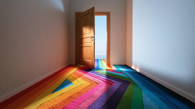 Open Door with Colorful Rainbow Pathway Leading to Sky