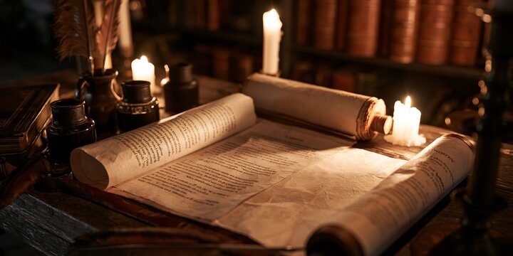 Open ancient scroll with Marcus Aurelius quotes resting on weathered wooden table beside ink pots quills and flickering candles casting warm glow with blurred leather bound books on bookshelf in