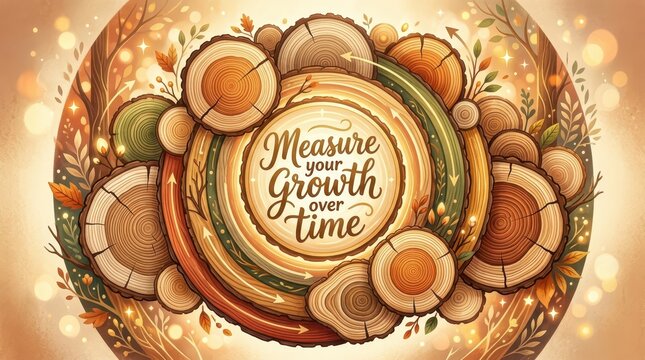Abstract Circular Illustration of Tree Rings and Text 'Measure Your Growth Over Time' with Autumnal Elements