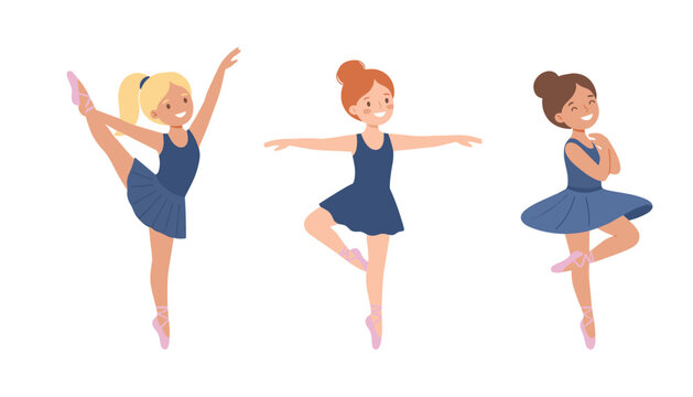Cute little ballerina girls flat vector illustration set with diverse kids dancing ballet in matching dark blue leotards isolated on white