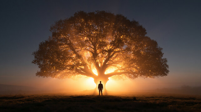 Silhouette Standing Before Glowing Majestic Tree of Life